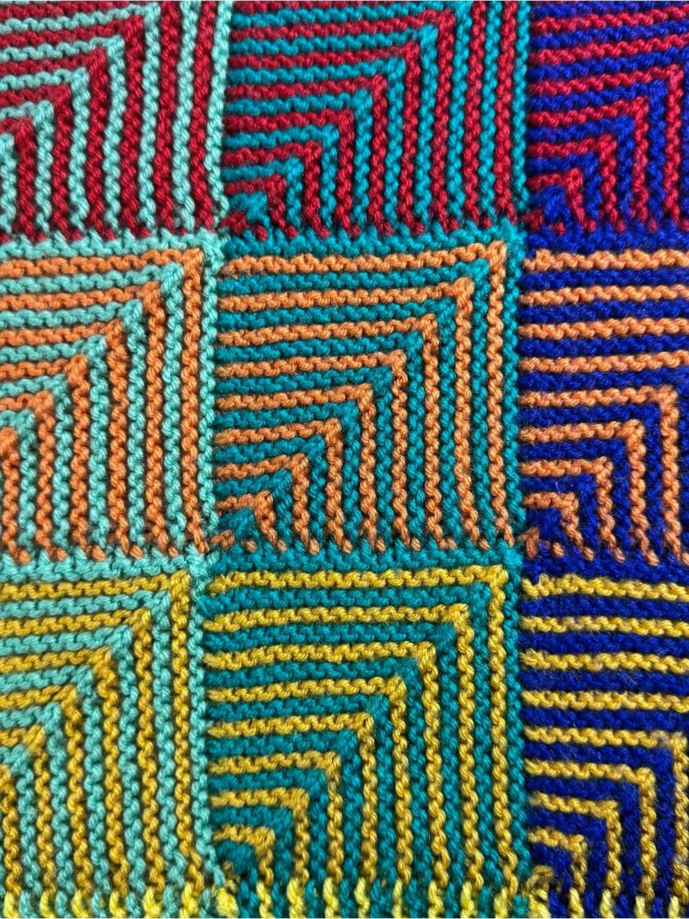 Hand Knit Rainbow Gradient Throw Blanket with Yellow Border